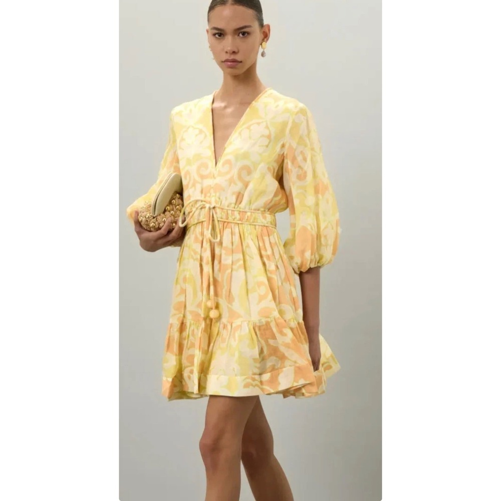 Alexis Capri Yellow Orange Abstract V-Neck Mini Dress $598 flowy coquette XS